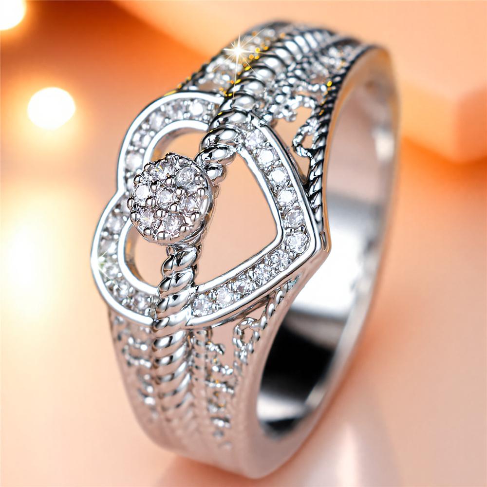 Cute Female White Zircon Stone CopperColor Wedding Jewelry Promise Engagement Love Heart Rings For Women