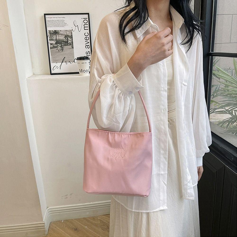 Tote Bag Embroidery Shoulder Bag Handbag Nylon Bucket Bag Portable Letter Underarm Bag  Travel