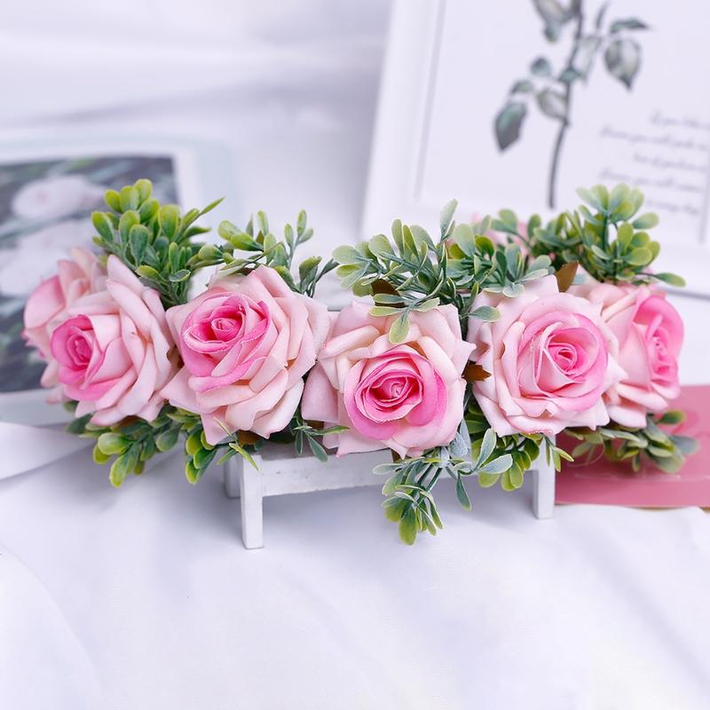 Adjustable Floral Garland Handmade Rose Flower Wreath Headband with Ribbon for Wedding Festival Travelling Photo Props