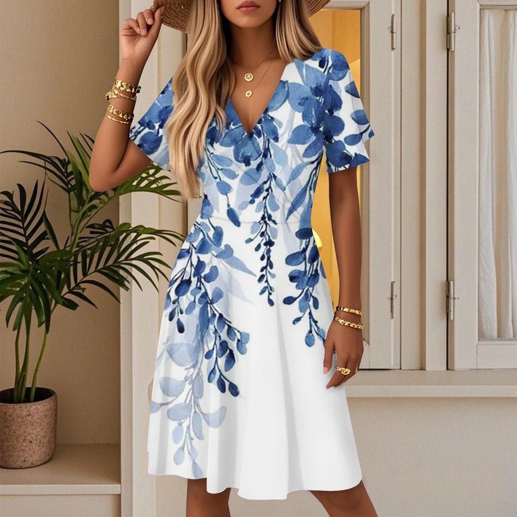 Women's Summer Fashion Leaf Print Dress Casual Beach A-line V-neck Loose Sundress