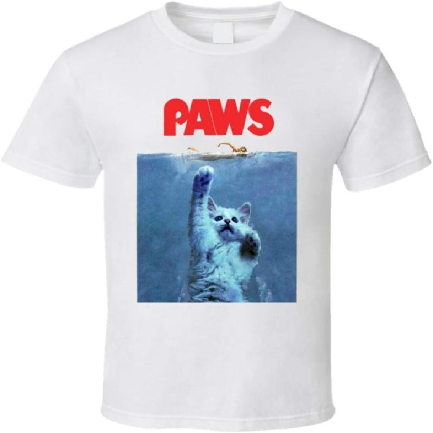 

Paws Jaws Movie Parody When Cats Attack Custom Design Funny Joke Kitten T Shirt XXXXXL білий