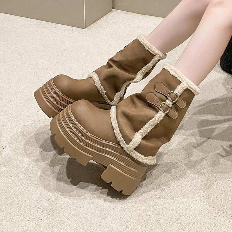 Fashion 2026 Designer Women Mid Calf Boots Faux Fur Chunky Block High Heels Autumn Winter Shoes Metal Decor Black White Ladies