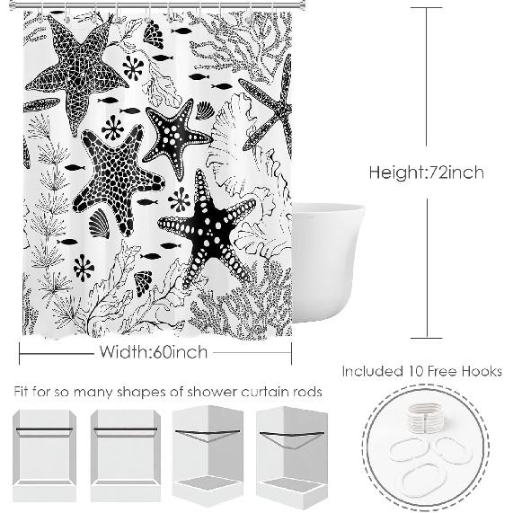 EOBTAIN Black and White Nautical Shower Curtain for Bathroom Summer Starfish and Seaweed Abstract Underwater Fabric Shower Curtain with 10 Hooks
