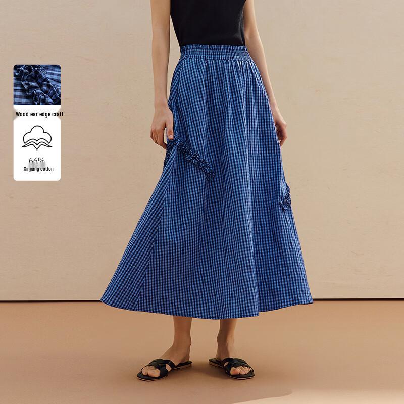 INMAN Women s Retro Plaid Ruffle A-line Mid Skirt M