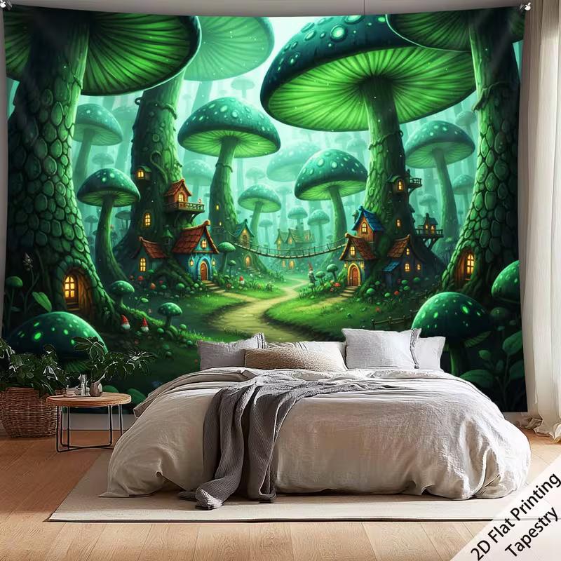2D Enchanted Mushroom Forest Tapestry Whimsical Green Mushroom Village Wall Art 47.2x31.5inch/120*80cm