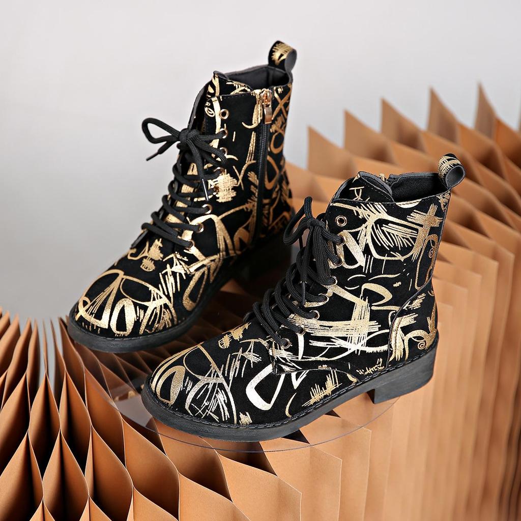 Jesień Zima Damskie Botki PU z Nadrukiem Plus Size Wygodne Ciepłe z Okrągłym Noskiem na Grubej Podeszwie Buty Martin 35-43