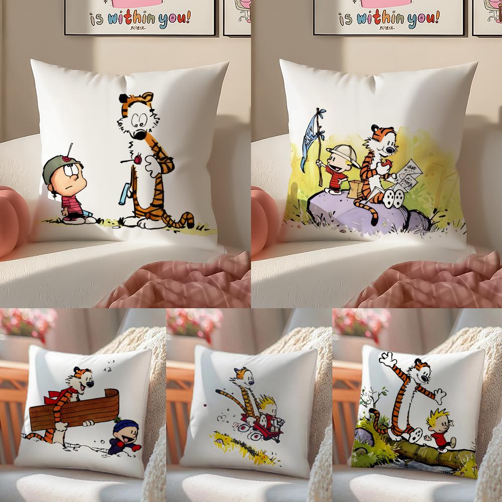 Cartoon CCalvin and HHobbesES Cushion Cover Pillowcase Short Plush Invisible Zipper Room Sofa Cushion Cover