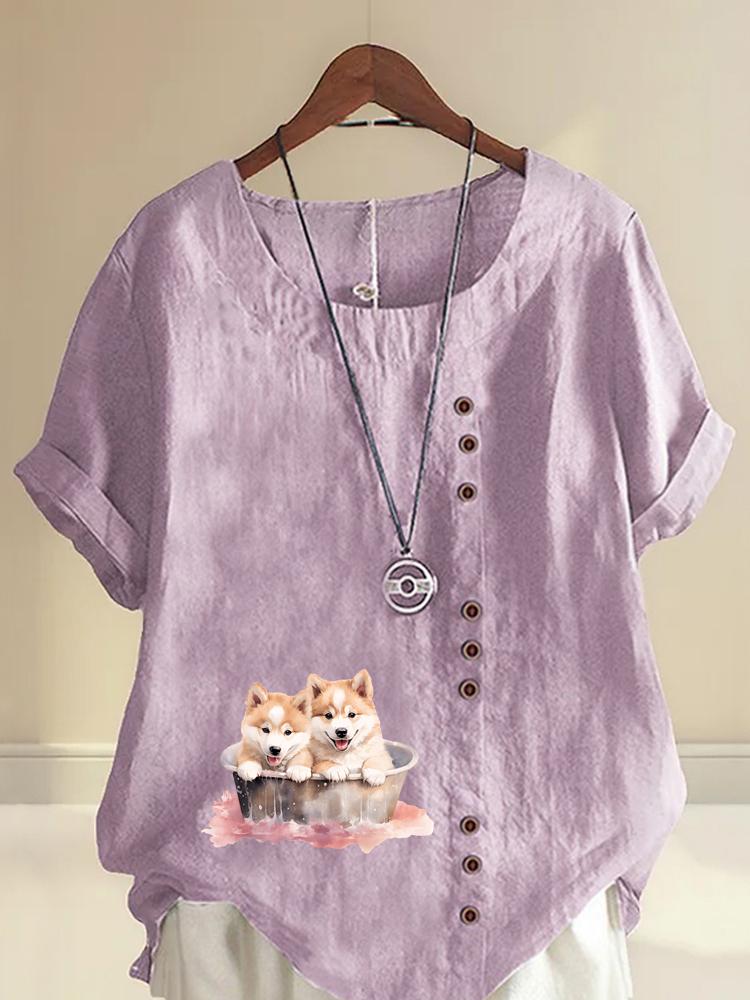 Women's Fashion Couple Dog Print Round Neck Short Sleeve T-shirt Summer Casual Cotton Linen Graphic Shirt Leisure Loose Blouse Tops