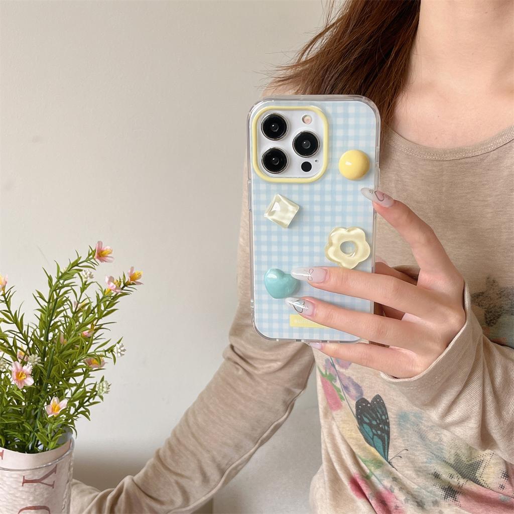 Cute Cartoon blue tartan 3D Cream Clear Phone Case For iPhone 16 15 14 13 Pro Max Bead love Soft Cover