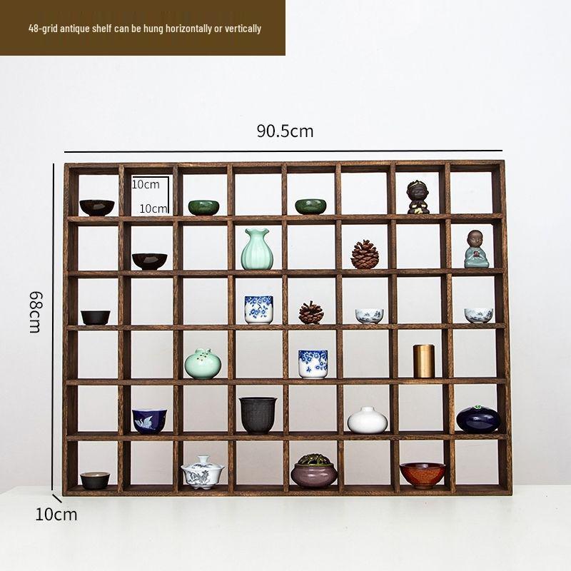 Wall-Mounted Solid Wood Curio Display Shelf – Grid Storage Rack for Teacups & Master Cups