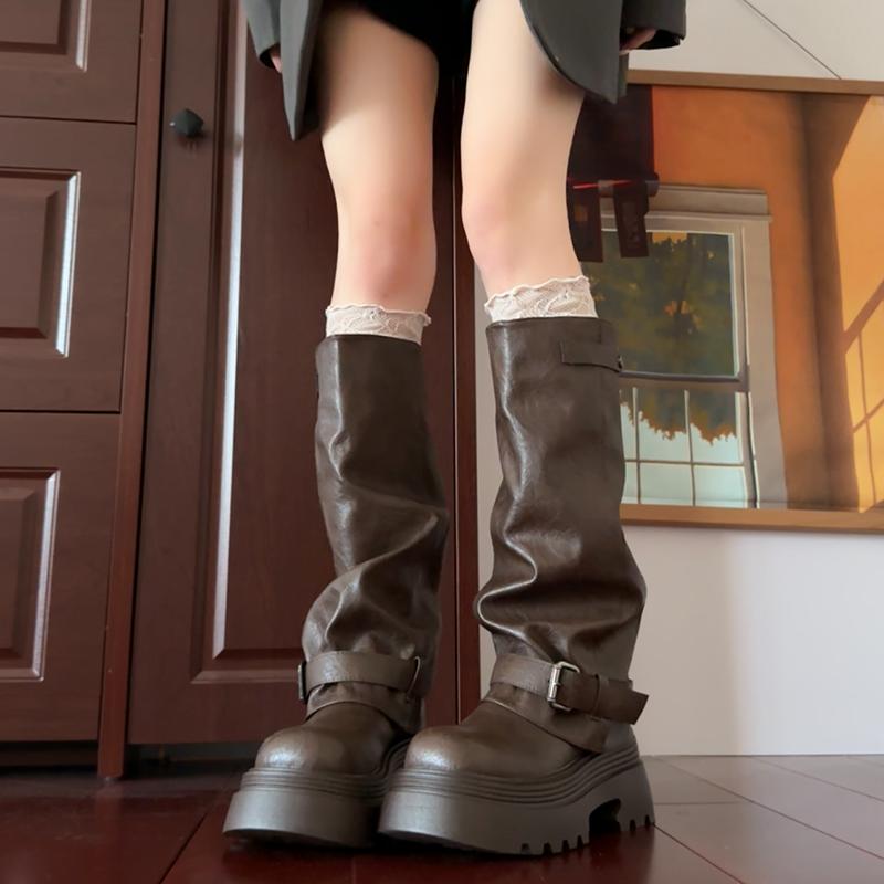 Vintage Thick Bottom Woman Knee High Boots Fashion Belt Buckle Shoes Female Slip On Knight Long Booties Shoes