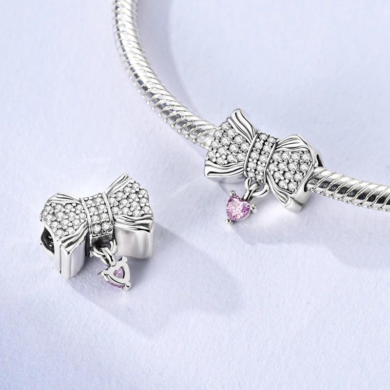 Copper Bow Charms Copper Pink Heart-Shaped Bow Pendants Charms Beads Fit Original Bangle Bracelets Diy Jewelry