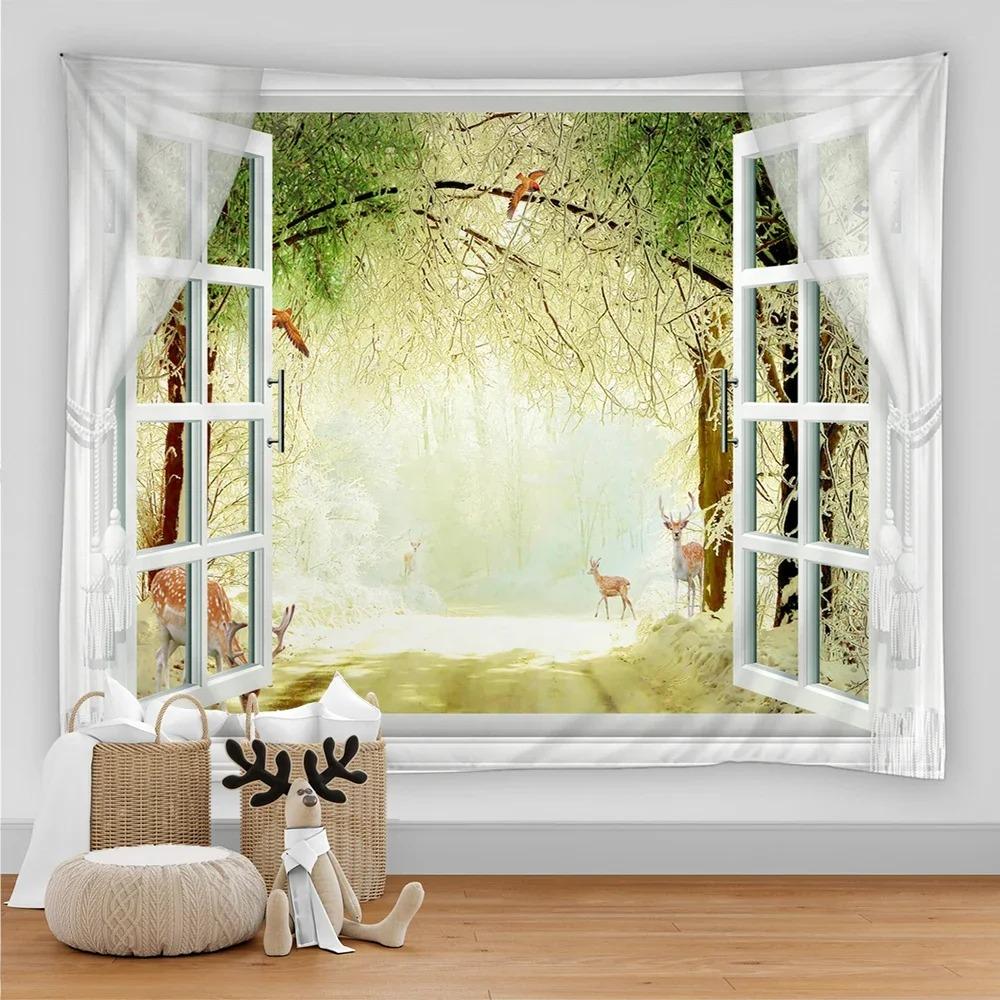 Bohemian Style 3D Window View Decorative Tapestry Hippie Wall Decoration Tapestry Bedroom Dormitory