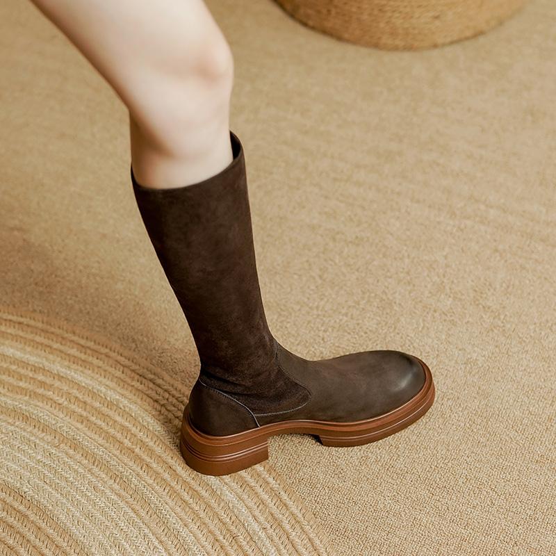 NEW Fall Women Shoes Round Toe Chunky Shoes Women Winter Split Leather Knight Boots Thick Heel Knee High Boots Retro Boots Women
