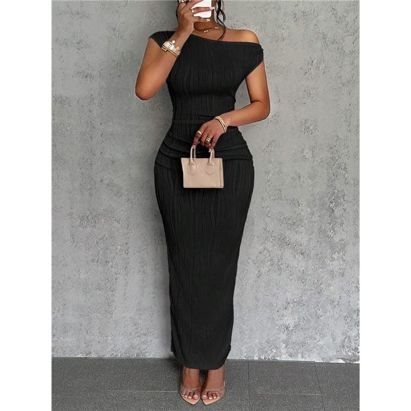 Sexy Solid Color Dress Cute Slim Water Ripple Diagonal Shoulder Dress