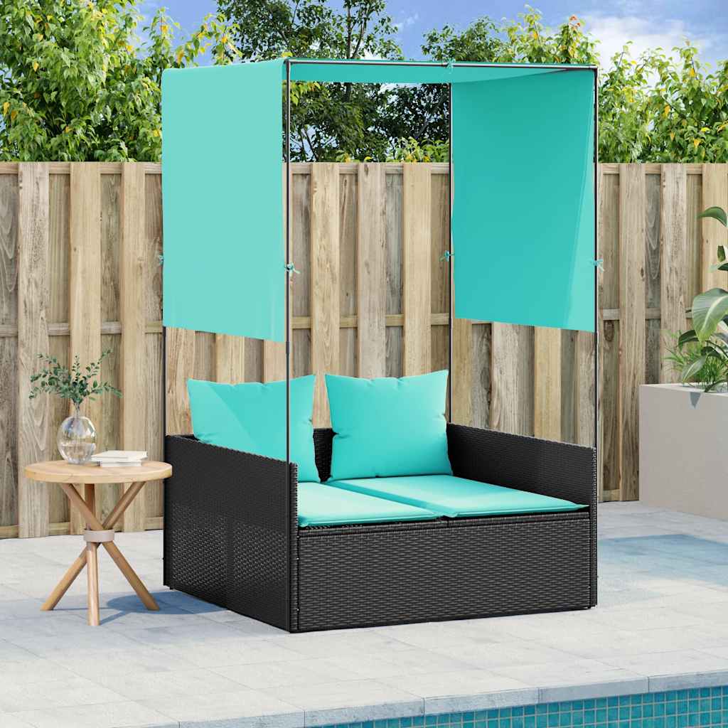 Double Sun Lounger with Canopy and Curtains Black Poly Rattan