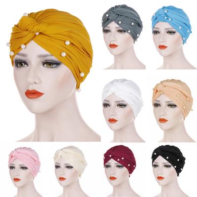 Women Pearl Beading India Hat Muslim Ruffle  Chemo  Turban Wrap Cap