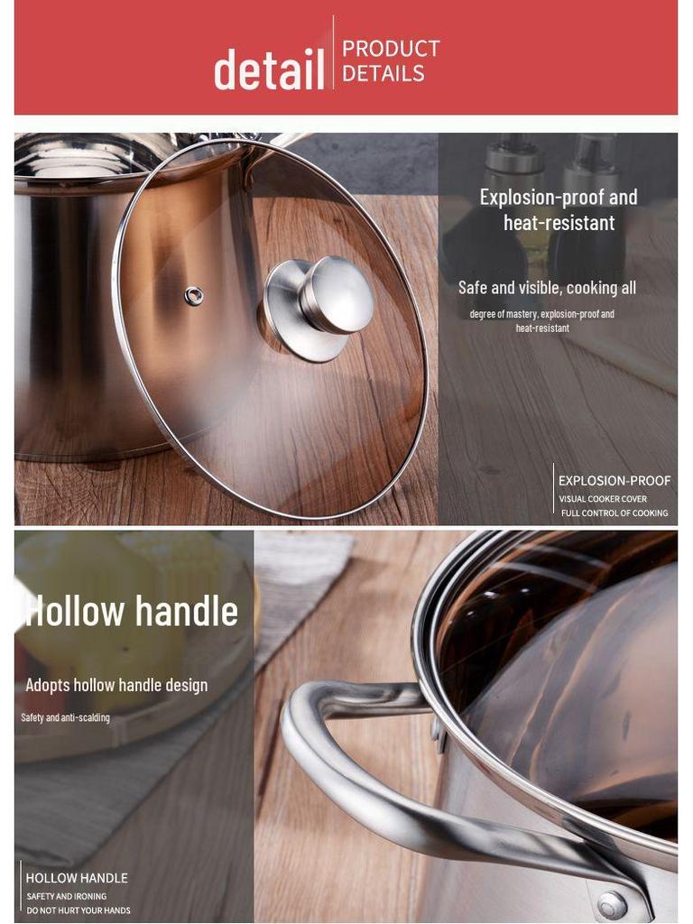 Thickened Stainless Steel Stockpot - Large Capacity for Braising, Boiling, and Steaming On Induction Cookers and Gas Stoves