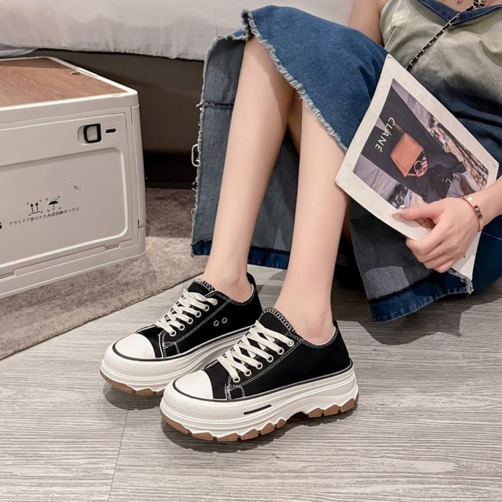 Nye Canvas Sko Dame Fritidssport Løpesko med Tykke Såler Rund Tå Ballerinaer Dame Platformsko Sommer Fritid Gå