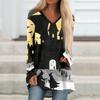 Women's Casual Long Sleeve V-Neck Halloween Print T-Shirt Mid-Length Top