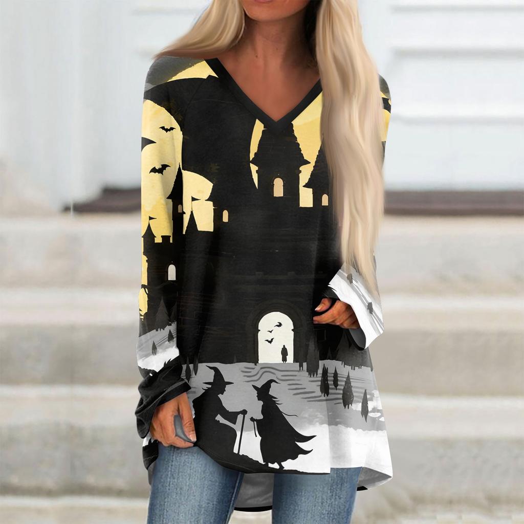 Women's Casual Long Sleeve V-Neck Halloween Print T-Shirt Mid-Length Top