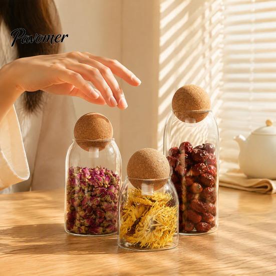 Gift for Home Organization Glass Storage Jar with Wooden Ball Cork Lid, Moisture-proof Airtight Food Heat Resistant Jars Container, Transparent