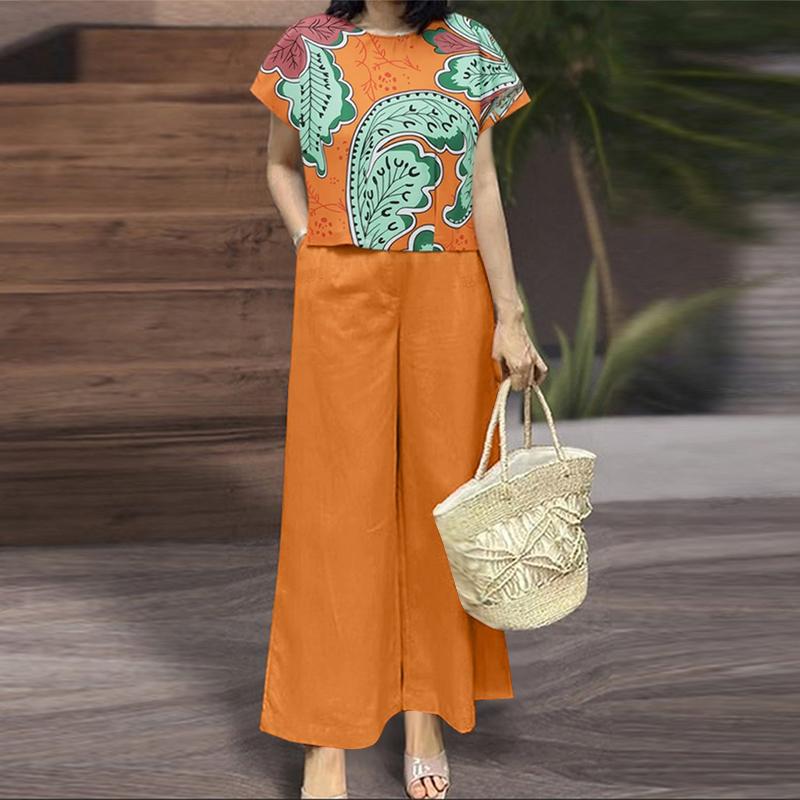 ZANZEA Damen Kurzarm Print T-Shirt und Hose Sommer Zweiteiler Anzugsets