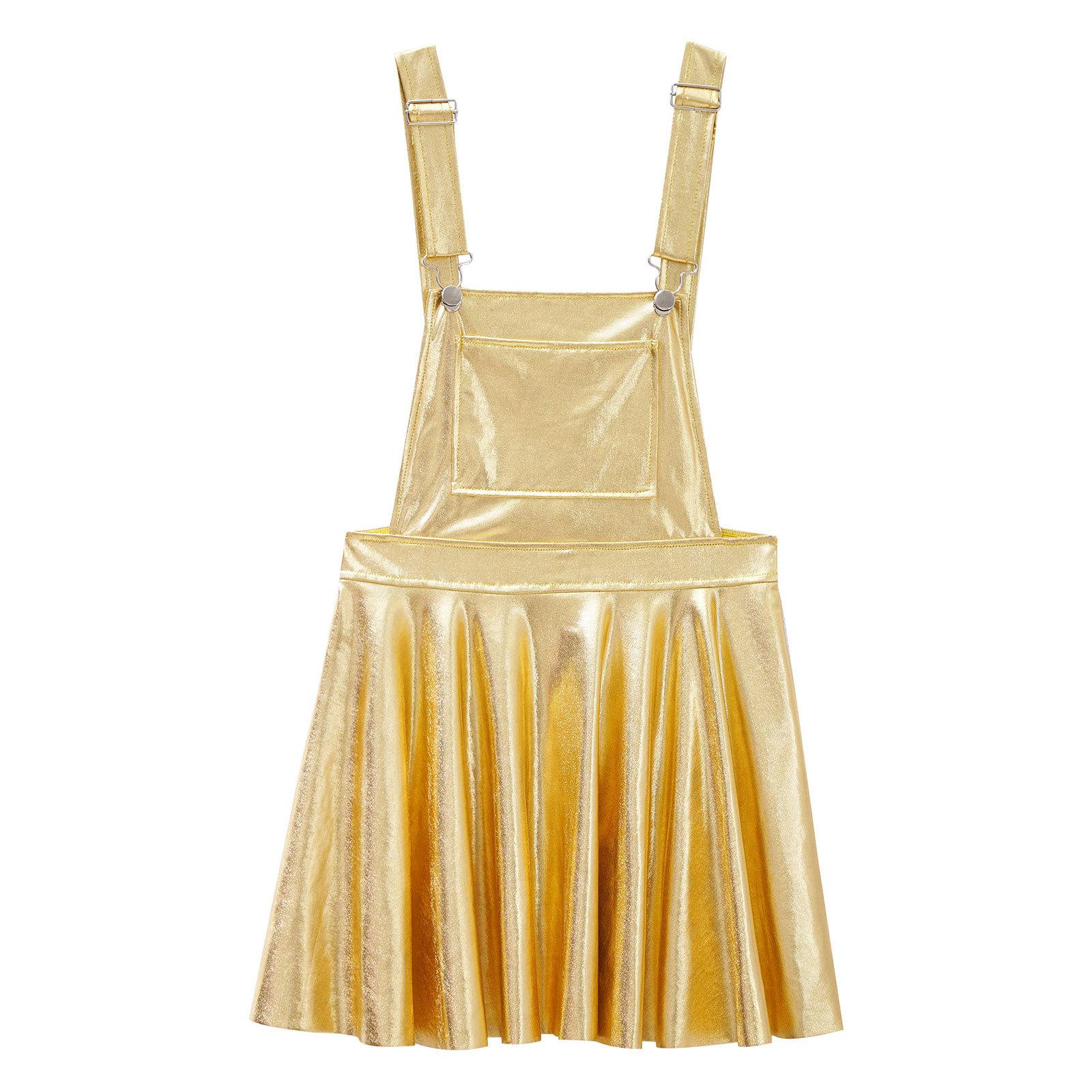 

Girls Metallic Pinafore Dress Adjustable Criss Cross Suspenders Front Pocket High Waist Design Party Casual Overalls 5-6 Years золотий