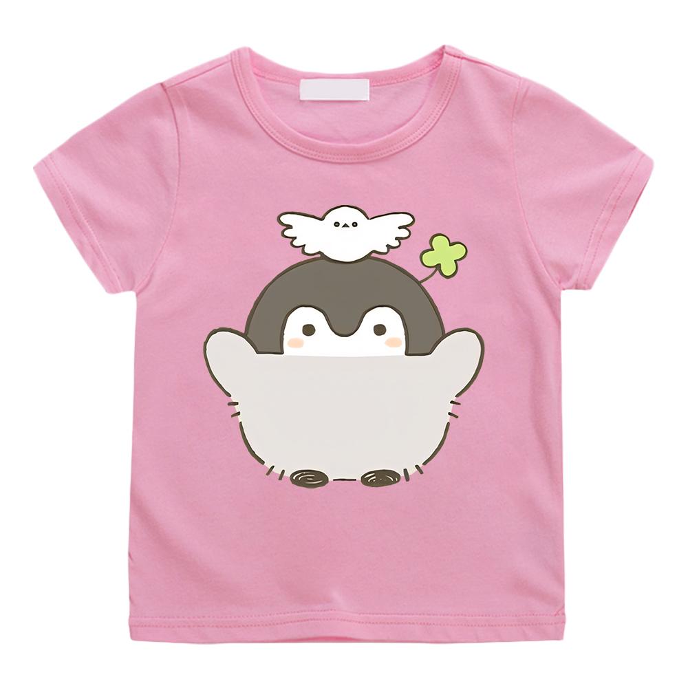 Cute Cartoon Print T-shirt Positive Energy Penguins Cotton Anime Print Tees Top Kawaii Children Tee-shirt Kids Clothes