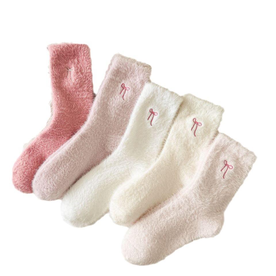 Women's Pink Mid-Tube Socks: Warm Embroidered Bow, Thick Velvet, Autumn/Winter Collection
