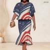 Women Plus Size Round Neck Batwing Sleeve Printed Red Blue White Ruffle Top Fishtail Skirt Two Piece Set