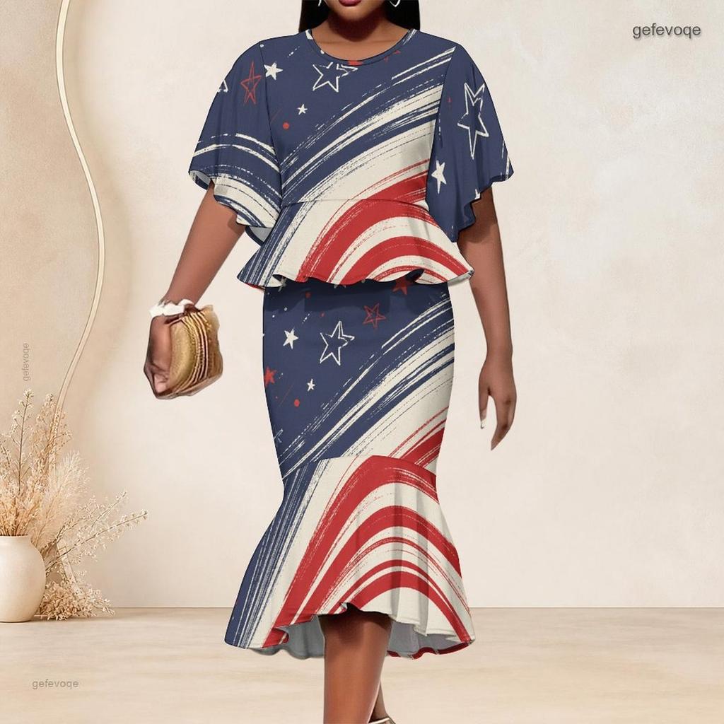 Women Plus Size Round Neck Batwing Sleeve Printed Red Blue White Ruffle Top Fishtail Skirt Two Piece Set