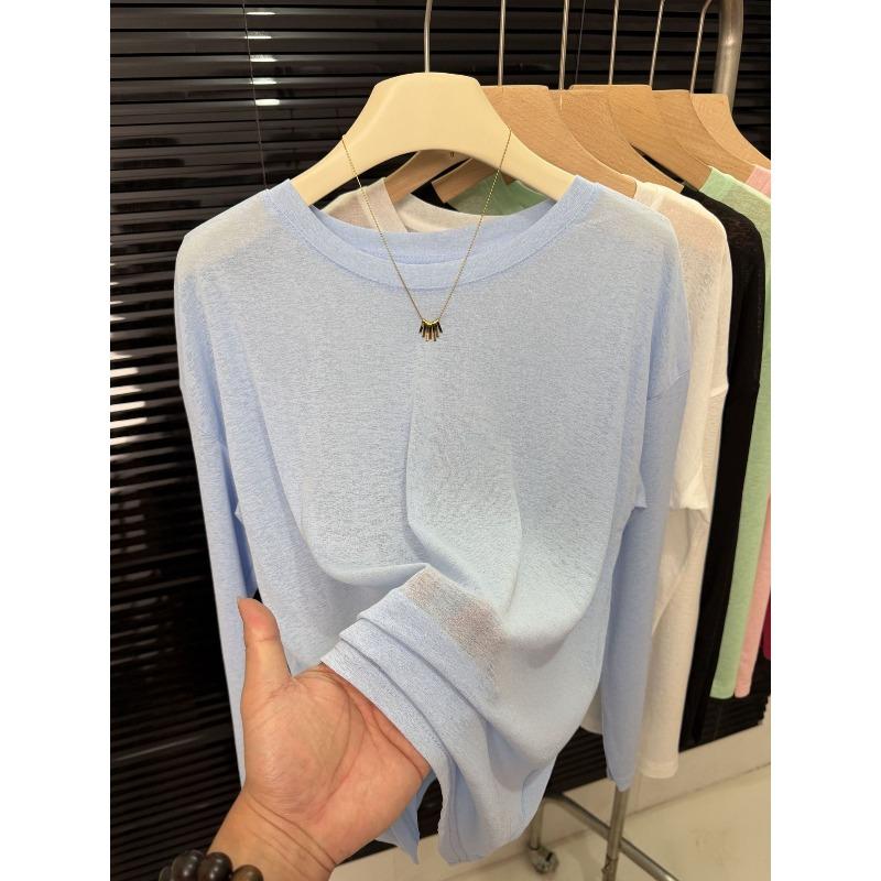New Ice Silk Cool Tulle Long-sleeved Sunscreen Blouse Women's Fashion Versatile Breathable Solid Color T-shirt Top Summer