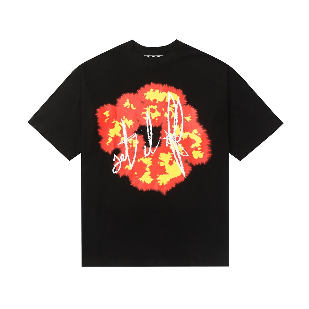 2024 New Summer Cotton Flame Kapok Print Short Sleeve Men's T-Shirt Round Neck Loose Oversized Unisex T-Shirt Streetwear Loose