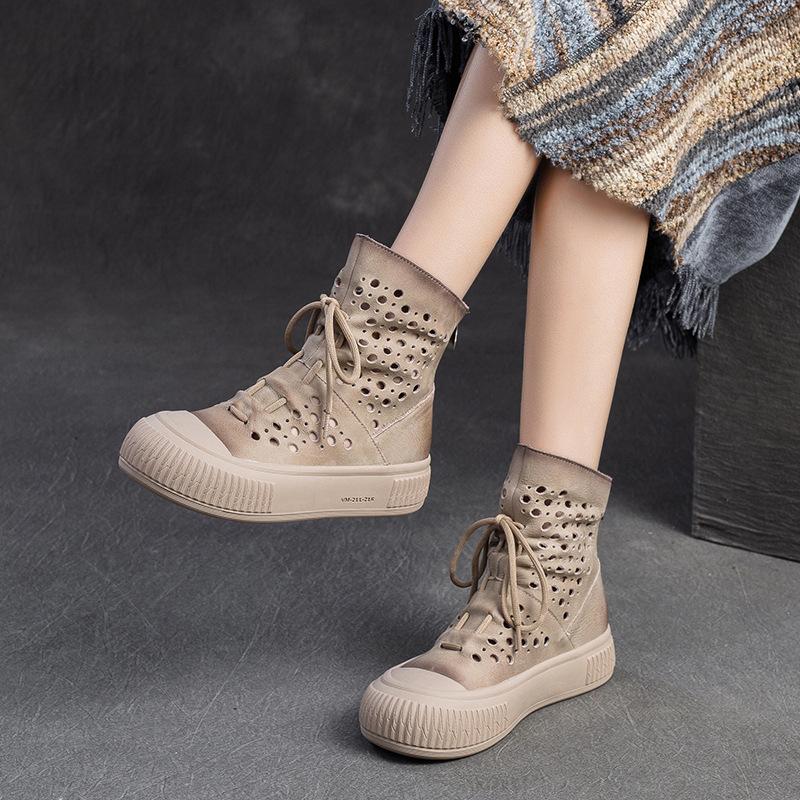 2026 Spring New First Layer Cowhide Hollow Out Clog Boots Retro Style Ventilated Ankle Shoes for Women