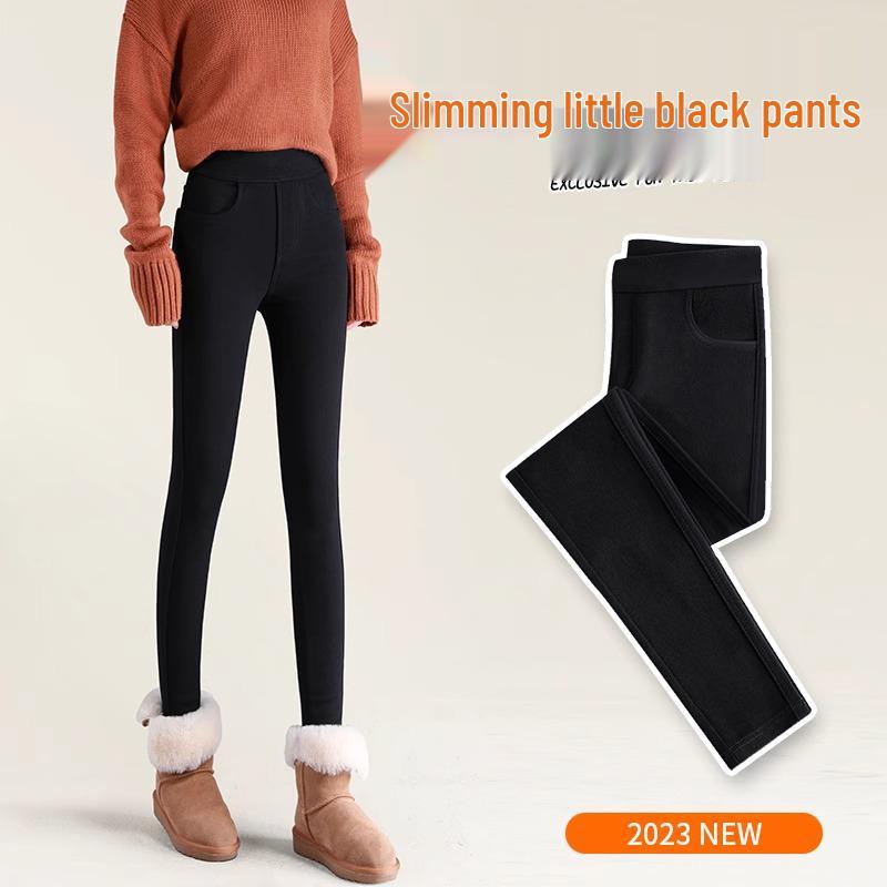 Damen Winter Fleecegefütterte Schwarze Leggings - Dicke Lammfleece Baumwolle, Slim Fit, Herbst/Winter 2025 Stil