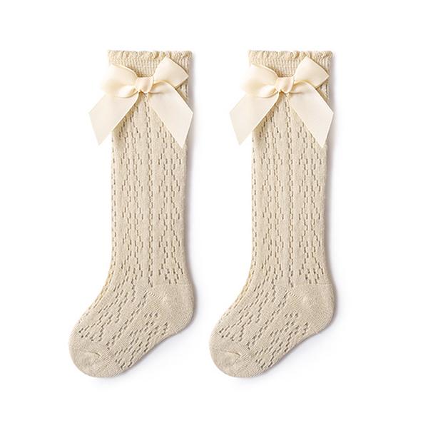 Cute Girls Knee High Socks Bows Cotton Breathable Soft Children Socks Hollow Out Non-slip Newborn Infant Long Mesh Socks 0-3Yrs