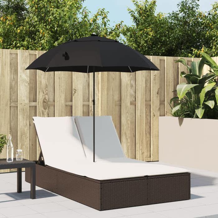 VidaXL Chaise longue double avec coussins et parasol marron poly rotin, transat, lit de jour d'extérieur, lit de jour de 368082