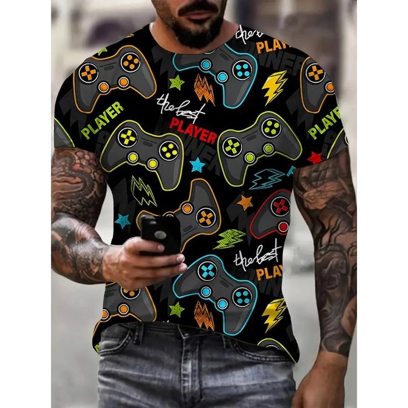 3D Digitaldruck Herren Freizeit Lebendiges Neon Game Controller Design T-Shirt Neu im Rundhals Kurzarm Gamer T-Shirt für Männer