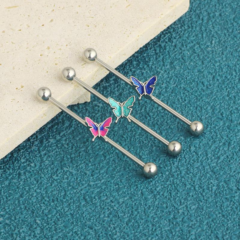14g Industrial Barbell Pearl & Butterfly Stud Earrings with External Thread for Double Earlobe and Ear Bridge Piercing