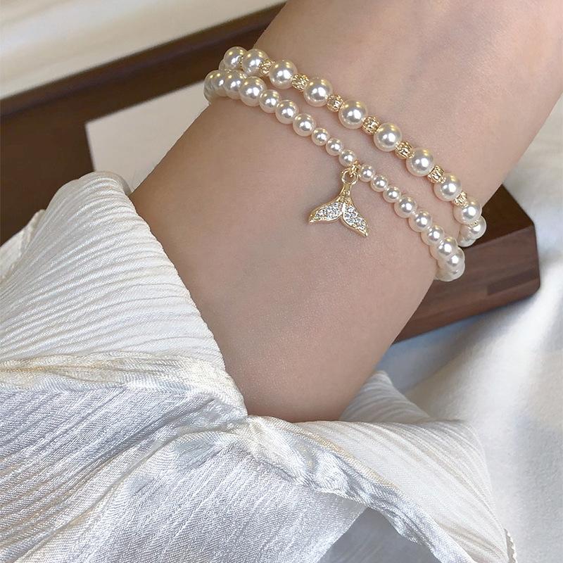 Zircon fishtail double-layer pearl bracelet French personality light luxury high-end bracelet elegant temperament versatile jewelry women