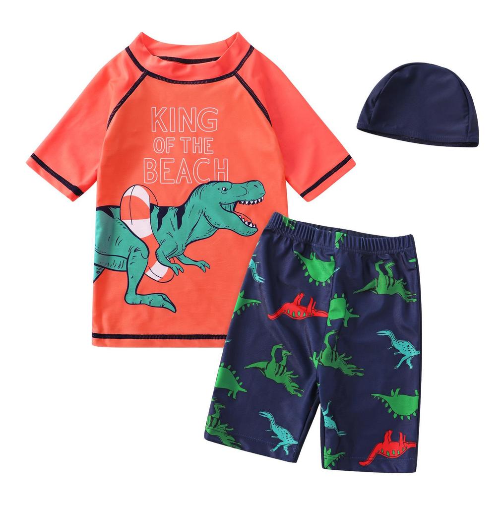 European & American Boys' Dinosaur Print Quick-Dry Sun Protection Swimsuit Set (Swim Shorts + Two Tops)