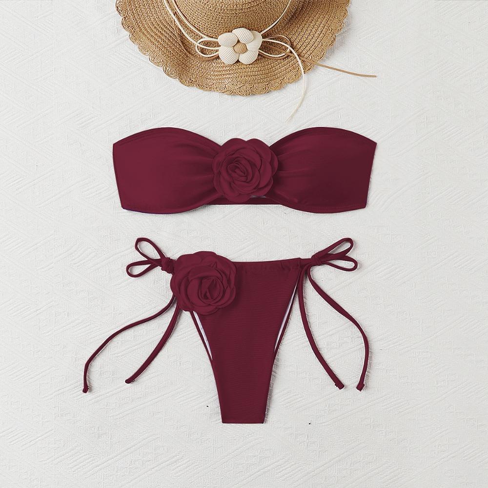European and American Solid Color Rose Tube Top Bikini Drawstring Strap Split Swimsuit