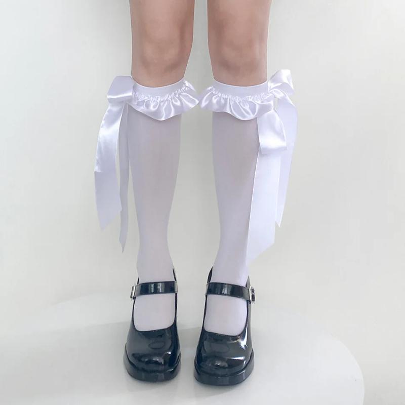 

Women s Silk Bow with Lace Trim Calf Socks Designer Solid Color Soft Velvet Sexy Black Slightly Translucent Breathable Stockings One Size