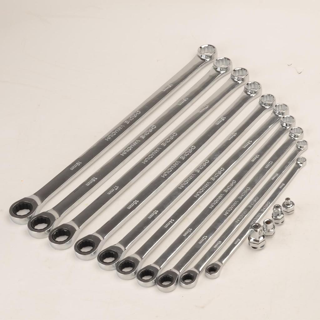 FLZOSPER Box Wrench Set, Ratchet Wrench, Extra Long Straight, 90 Gears, Mirror Finish, 8-19mm, 14-Piece Set, with Storage Case