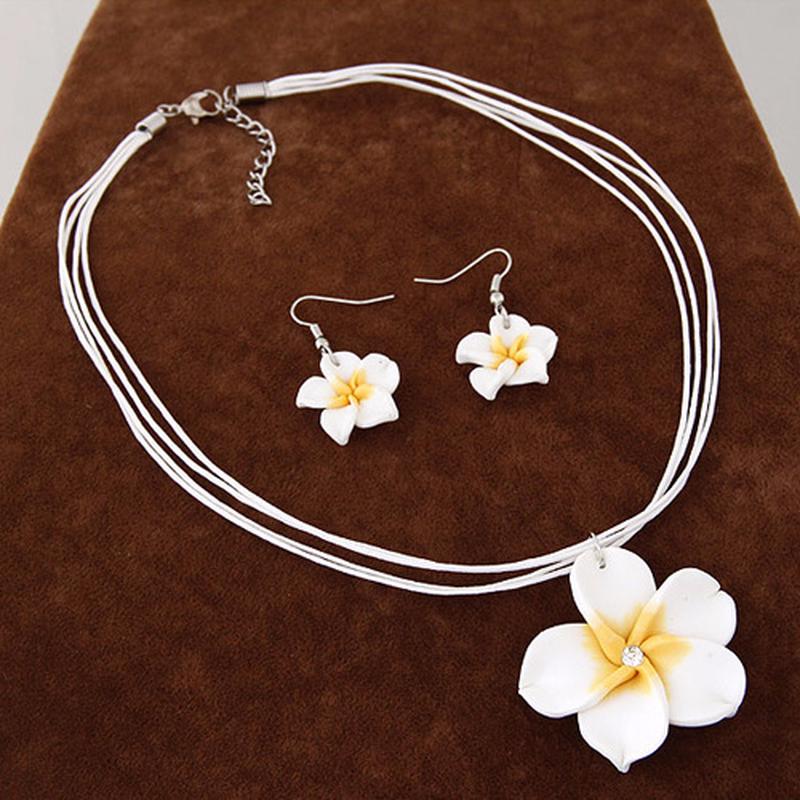 Conjuntos de joias femininas de flores de plumeria doce, brincos de argila de polímero fimo, colar com pingente
