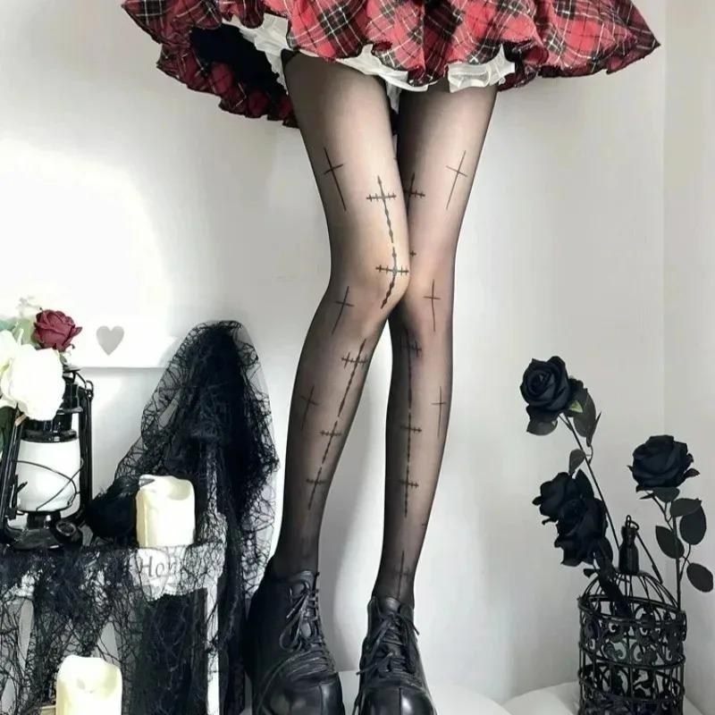 1-2pairs Punk Style Cross Dark Hollow Bottom Lolita Japanese Black Spicy Girl Slimming Pantyhose Black Stockings