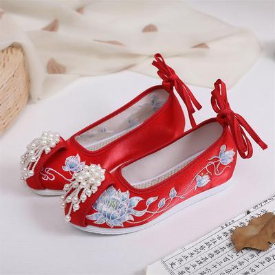 [Manzhu] Zapatos Xiuhe Hanfu Rojos con Cuentas Nuevos 2023 con Punteras Redondas Forradas de Terciopelo para Bodas