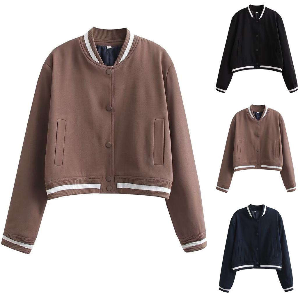 Ladies' Fashion Large Pocket Short Long Sleeve Button Jacket Coat