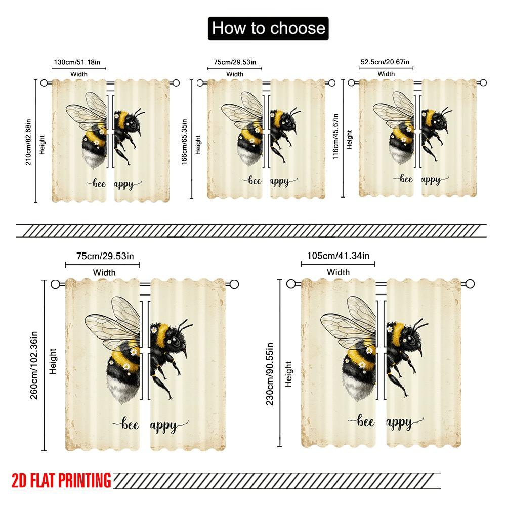 2pcs 2D Flat Printing Curtains Bumblebee Flower Happy 100% Polyester Without Electricity Party Decorations Perfect for Indoor